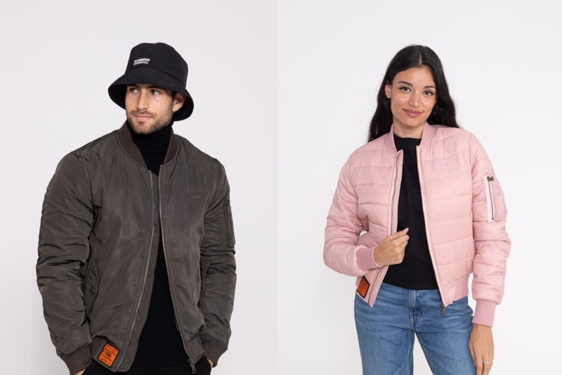 Mann und Frau in stylischen Bomber-Jacken